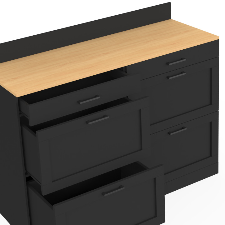 Buffet bas de cuisine 120 cm double casserolier VITO plan de travail H.83 cm 6 tiroirs noirs et plateau façon hêtre