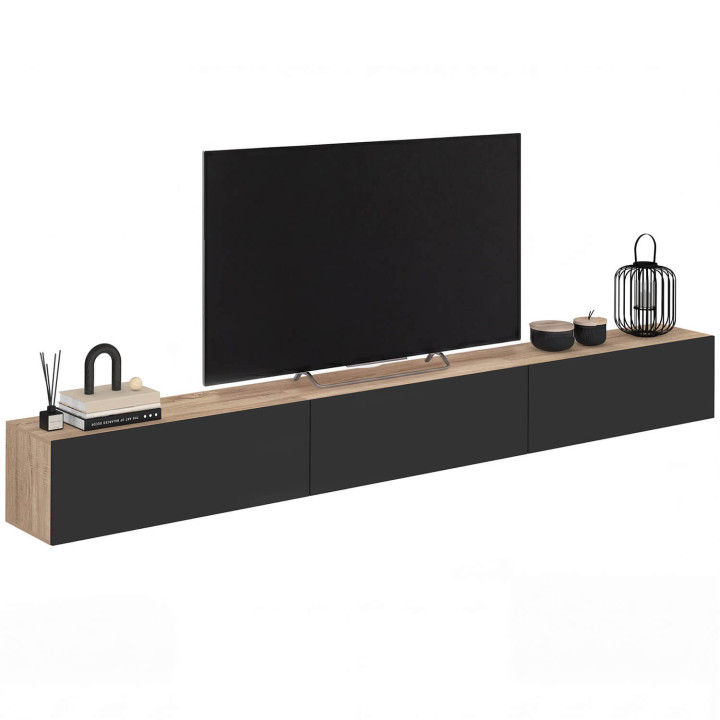 Mueble TV suspendido 270 cm con 3 puertas negro y madera - ELIO | IdMarket