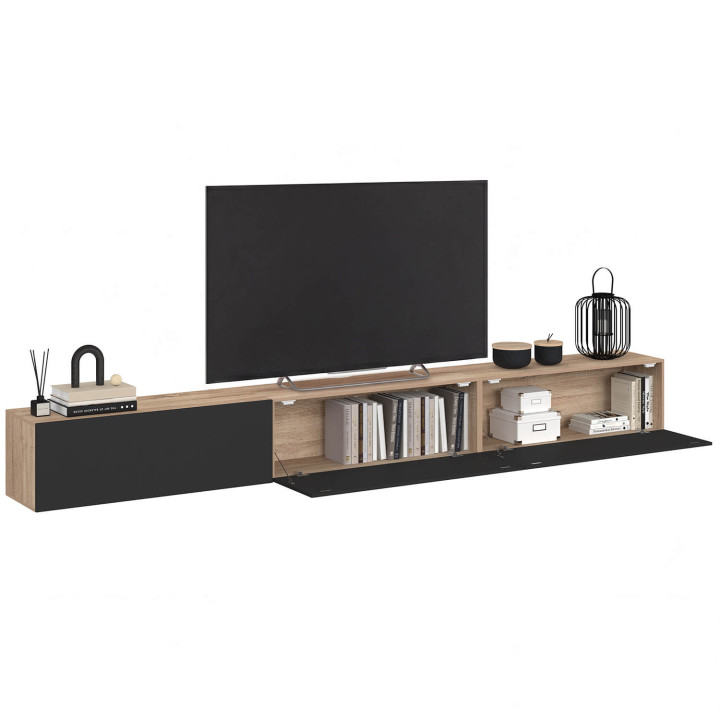 Mueble TV suspendido 270 cm con 3 puertas negro y madera - ELIO | IdMarket