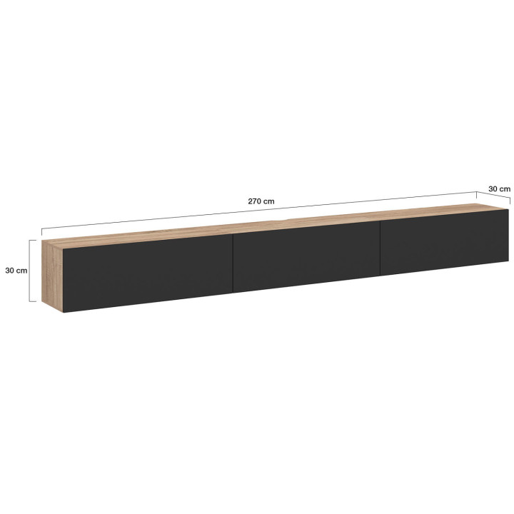 Mueble TV suspendido 270 cm con 3 puertas negro y madera - ELIO | IdMarket