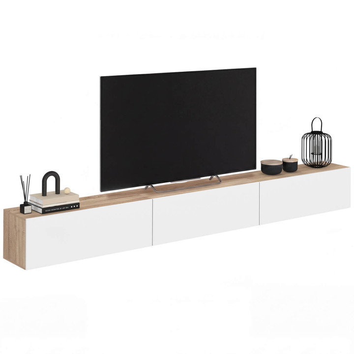 Meuble TV 270 cm suspendu ELIO 3 portes bois et blanc
