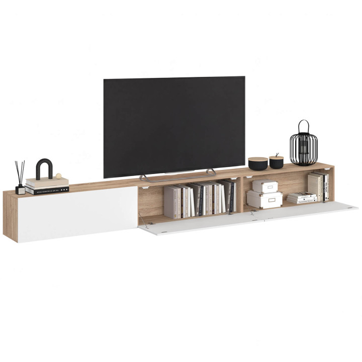 Mueble TV suspendido 270 cm con 3 puertas de madera y blanco - ELIO | IdMarket