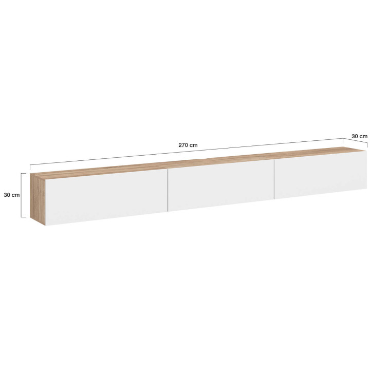 Mueble TV suspendido 270 cm con 3 puertas de madera y blanco - ELIO | IdMarket