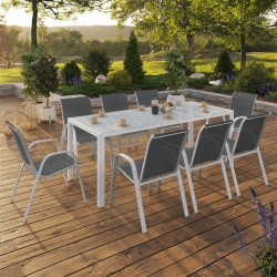 Gartenmöbel MADRID Tisch 190 cm und 8 stapelbare Stühle weiß und grau