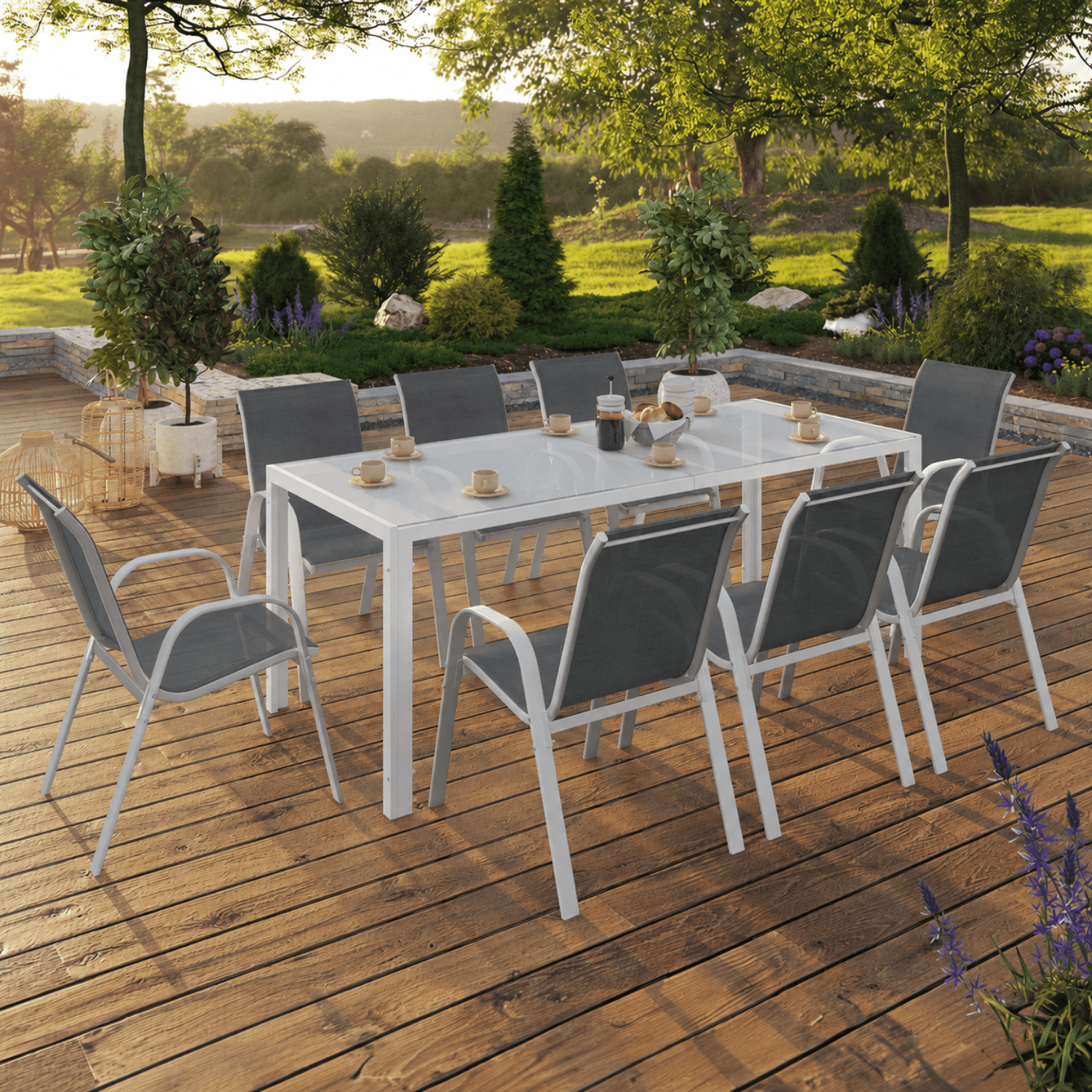 Salon de jardin MADRID table 190 cm et 8 chaises empilables blanc et gris