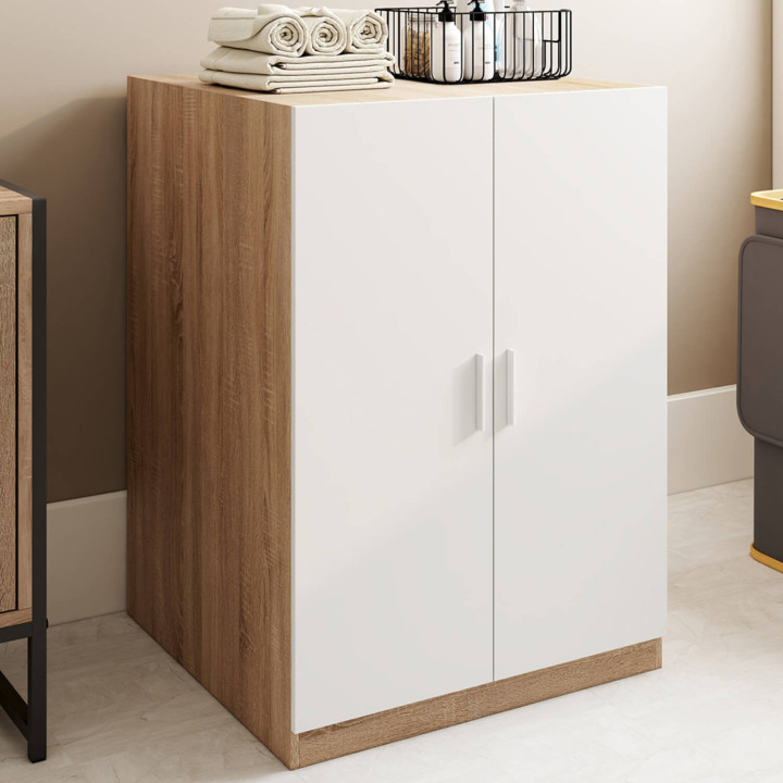 Meuble pour machine à laver avec portes WALLIS blanc et bois façon hêtre