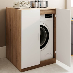 Meuble pour machine à laver avec portes WALLIS blanc et bois façon hêtre