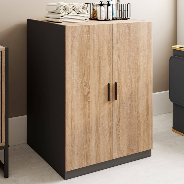 Wasmachinekast met deuren in zwart en beuken - WALLIS | IdMarket