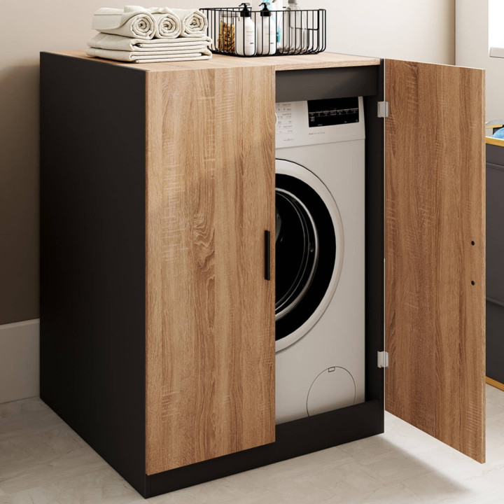 Wasmachinekast met deuren in zwart en beuken - WALLIS | IdMarket