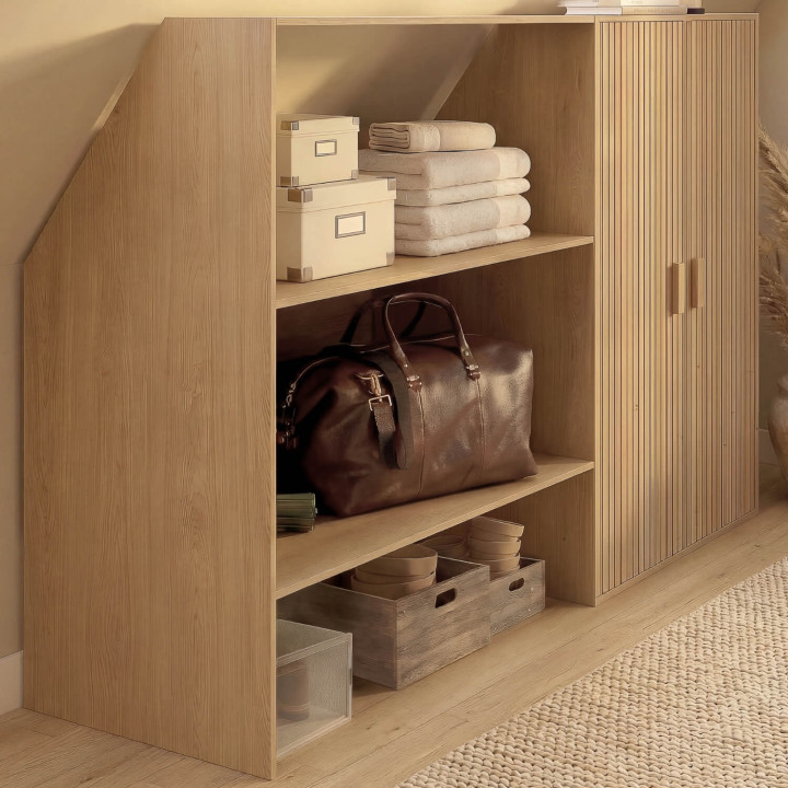 Armoire sous pente 2 portes JULIETTE  60 x 50 x 70/110 cm effet lattes tasseau bois coloris chêne