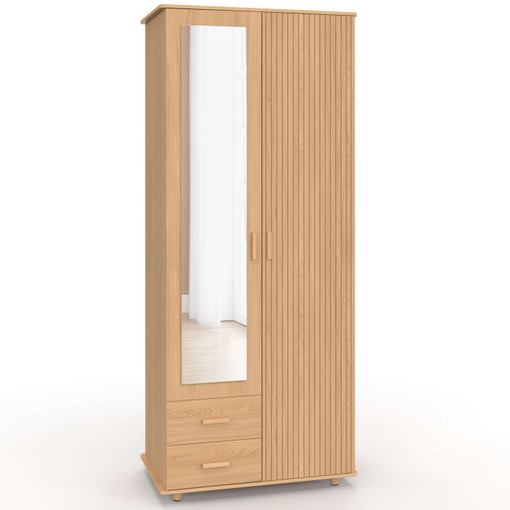 Armoire 2 portes JULIETTE effet lattes tasseau bois penderie 80 cm avec 2 tiroirs, miroir et étagères