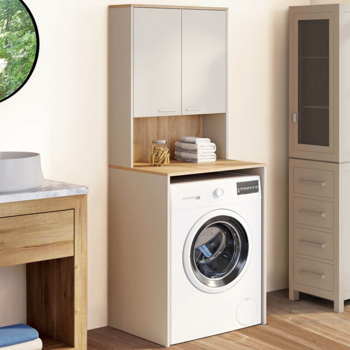 Meuble dessus de machine à laver WALLIS avec placard beige et bois façon hêtre