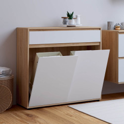 Meuble de rangement salle de bain TOMI 2 portes avec 2 paniers à linge amovibles 1 tiroir façon hêtre et blanc