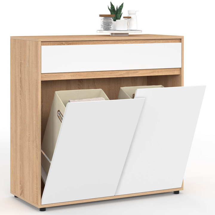Meuble de rangement salle de bain TOMI 2 portes avec 2 paniers à linge amovibles 1 tiroir façon hêtre et blanc