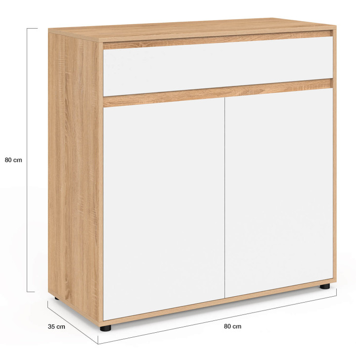Meuble de rangement salle de bain TOMI 2 portes avec 2 paniers à linge amovibles 1 tiroir façon hêtre et blanc