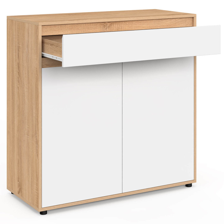 Meuble de rangement salle de bain TOMI 2 portes avec 2 paniers à linge amovibles 1 tiroir façon hêtre et blanc