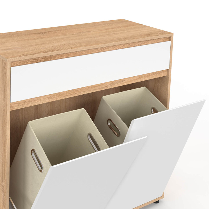 Meuble de rangement salle de bain TOMI 2 portes avec 2 paniers à linge amovibles 1 tiroir façon hêtre et blanc