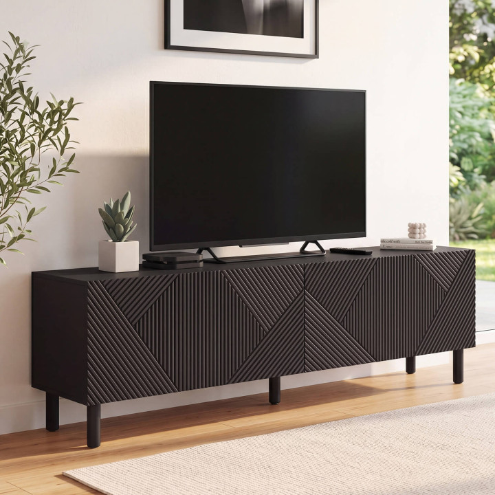 HIMARA 180 cm TV-meubel, 2 deuren, geometrische latten van zwart hout