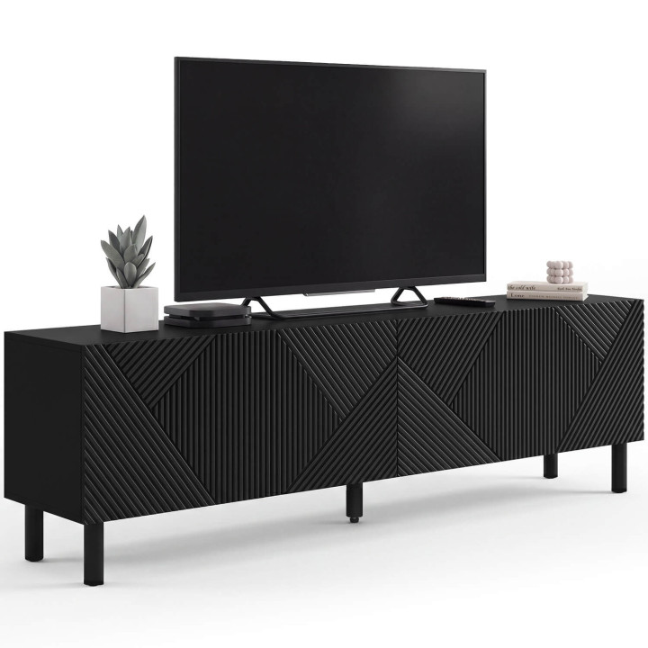 Meuble TV 180 cm HIMARA 2 portes lattes géométriques bois noir