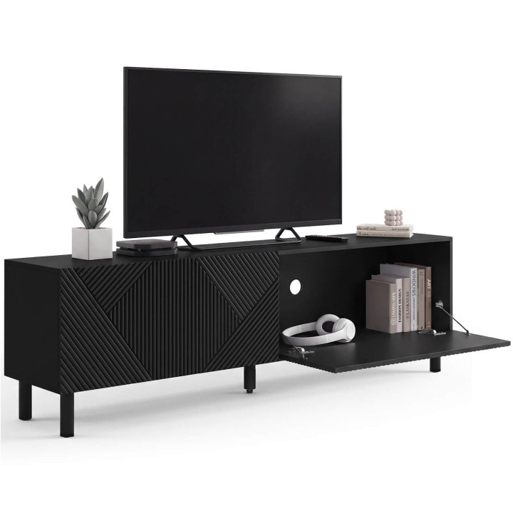 Porta TV HIMARA 180 cm, 2 ante, doghe geometriche in legno nero
