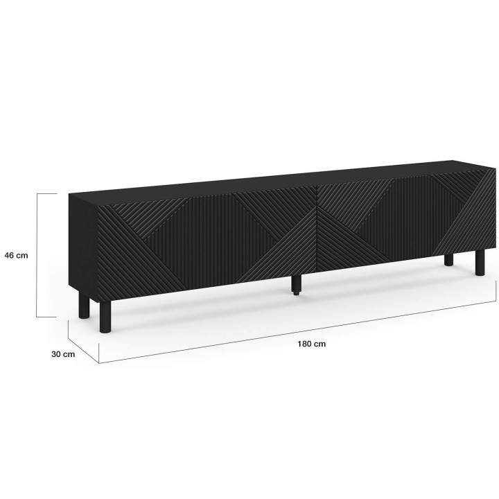 Porta TV HIMARA 180 cm, 2 ante, doghe geometriche in legno nero