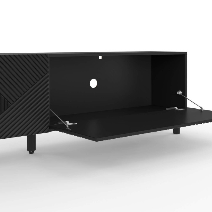 Mueble TV HIMARA 180 cm, 2 puertas, listones geométricos de madera negra