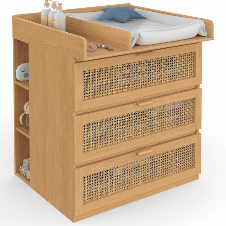Meegroeiende verschooncommode EDHEN van hout en riet, met 3 lades, een verschoontafel en 2 uitneembare planken