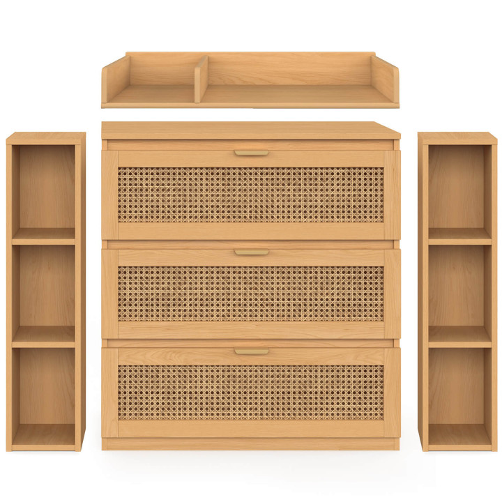 Comò fasciatoio evolutivo EDHEN in legno e vimini con 3 cassetti, piano fasciatoio e 2 ripiani rimovibili