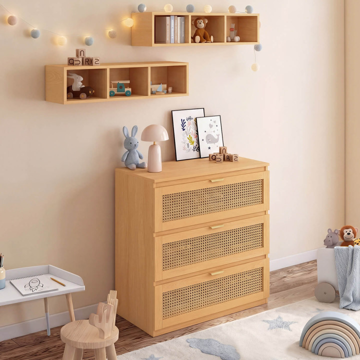 Comò fasciatoio evolutivo EDHEN in legno e vimini con 3 cassetti, piano fasciatoio e 2 ripiani rimovibili