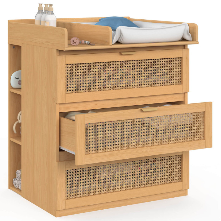 Comò fasciatoio evolutivo EDHEN in legno e vimini con 3 cassetti, piano fasciatoio e 2 ripiani rimovibili