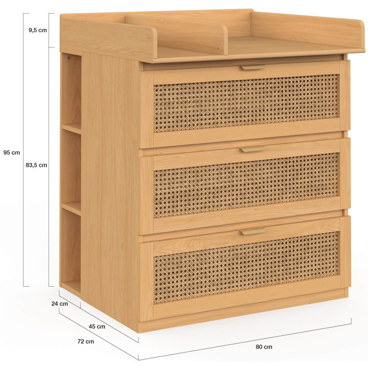 Commode à langer évolutive EDHEN bois et cannage 3 tiroirs table à langer et 2 étagères amovibles