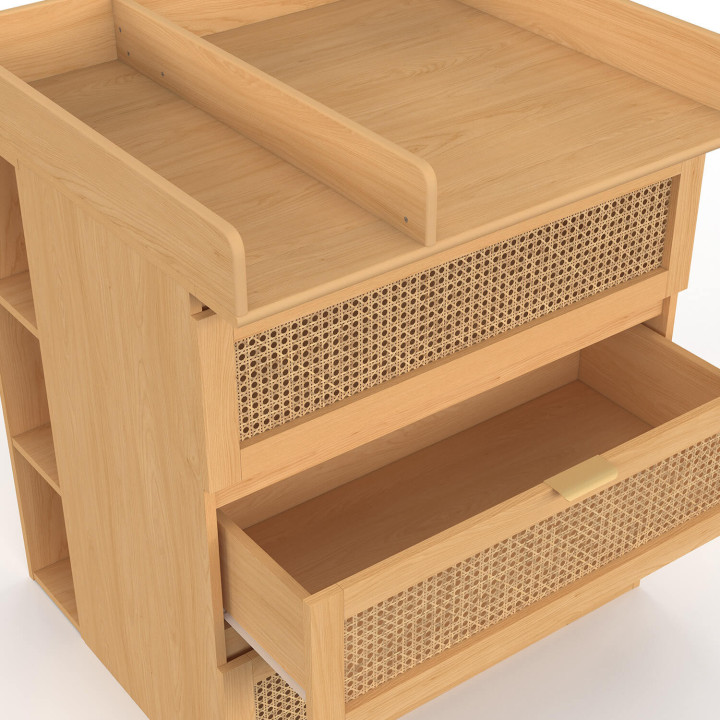 Meegroeiende verschooncommode EDHEN van hout en riet, met 3 lades, een verschoontafel en 2 uitneembare planken