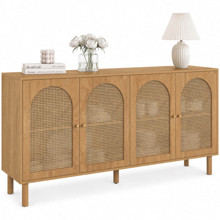 VLORA 160 cm 4-deurs dressoir, boogvorm, hout en vlechtwerk