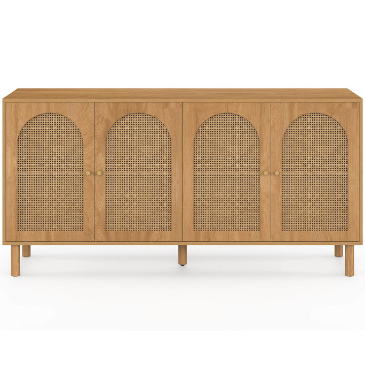VLORA 160 cm 4-deurs dressoir, boogvorm, hout en vlechtwerk