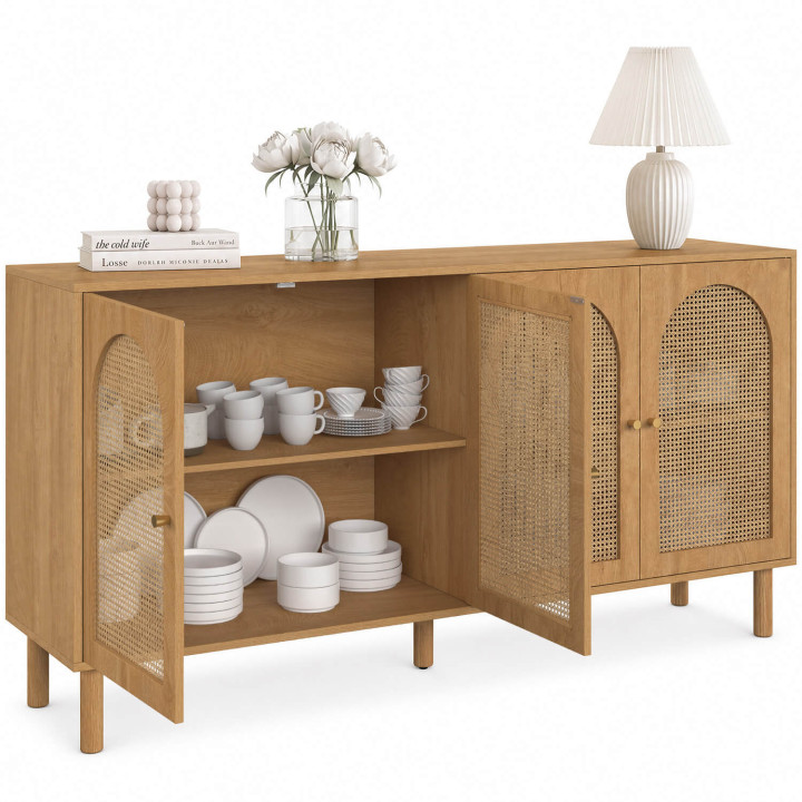 VLORA Aparador 160 cm 4 puertas, forma de arco, madera y mimbre