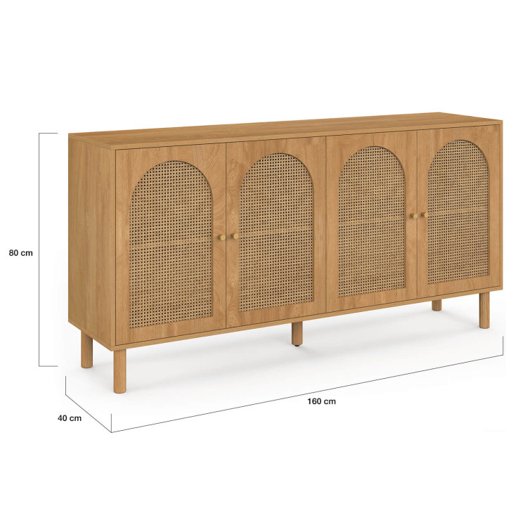 VLORA 160 cm Credenza a 4 ante, forma ad arco, legno e vimini