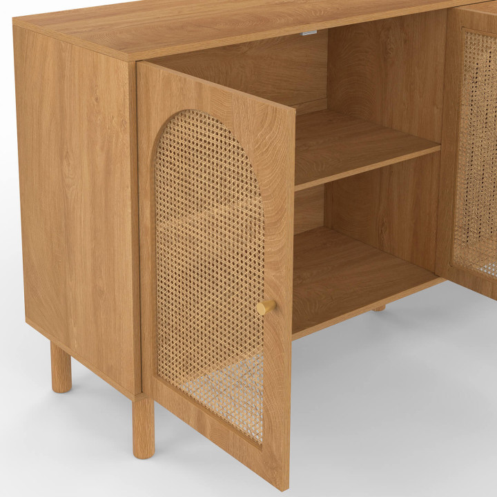 Sideboard 160 cm VLORA 4 Türen Bogenform Holz und Rohrgeflecht