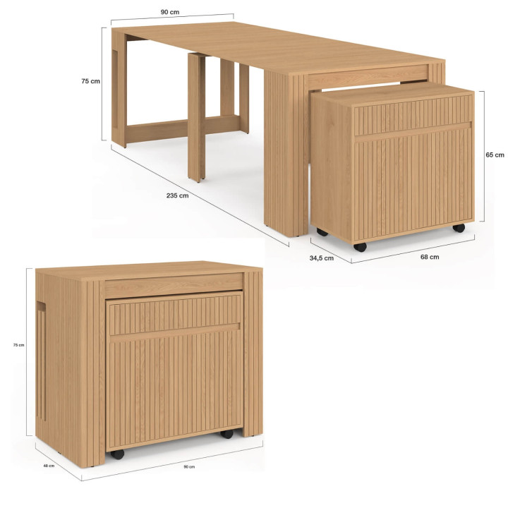 Table buffet extensible JULIETTE 10 personnes bois effet lattes 235 cm