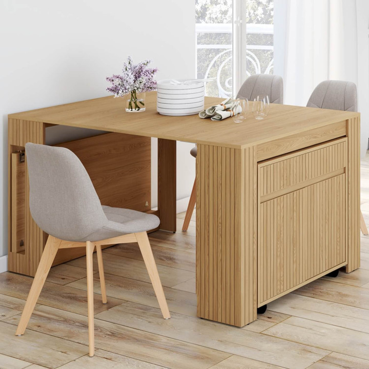 Mesa de comedor extensible JULIETTE para 10 personas, 235 cm, con diseño de listones y travesaños de madera en color roble