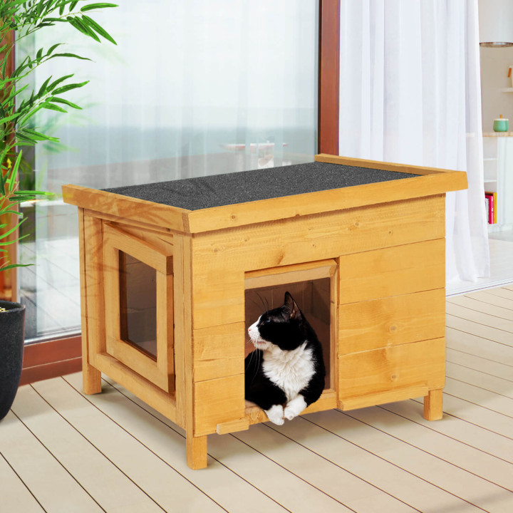 Casetta per gatti in legno con porta e finestra