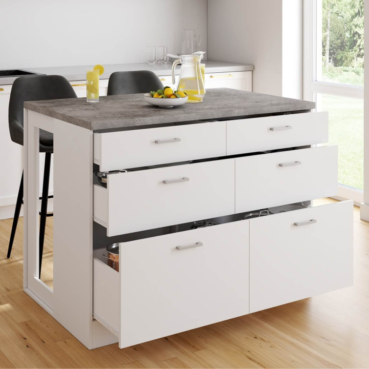 Ilot central mange-debout ORSO 120 cm casserolier 6 tiroirs blanc avec plan de travail effet béton