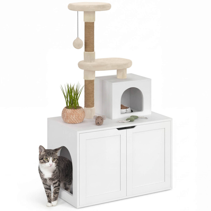 Casita para gatos con rascador, cubeta con dos puertas, caseta y plataforma de madera blanca