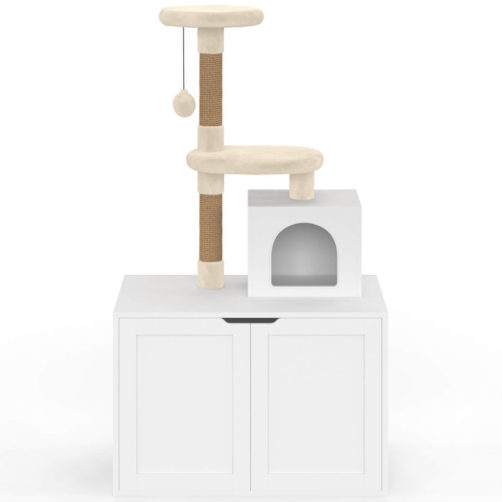 Casita para gatos con rascador, cubeta con dos puertas, caseta y plataforma de madera blanca