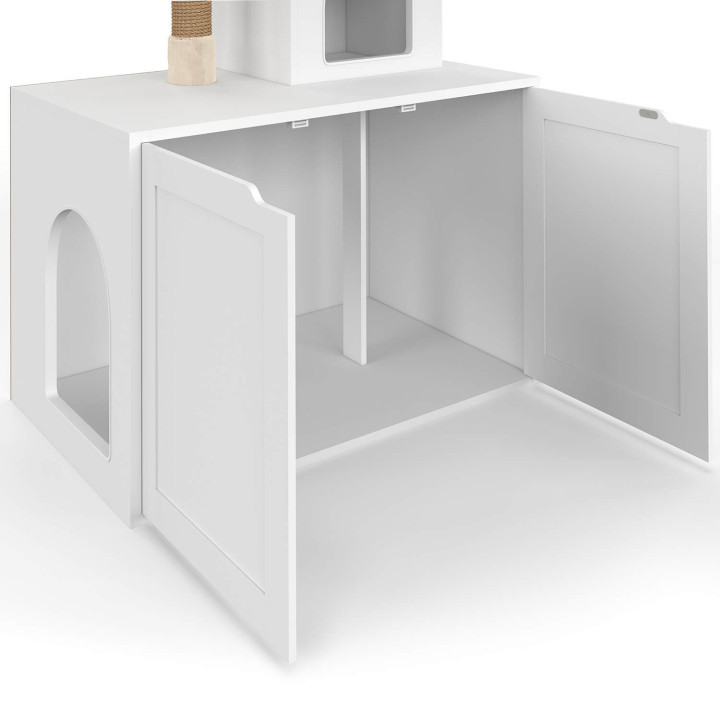 Kattentoilet met krabpaal, kattenbakafscherming met 2 deurtjes, ligplaats en platform van wit hout