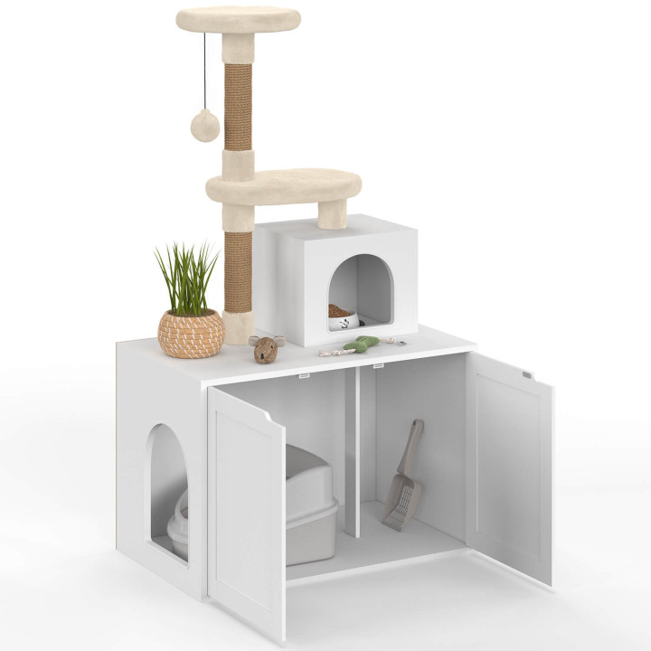 Kattentoilet met krabpaal, kattenbakafscherming met 2 deurtjes, ligplaats en platform van wit hout