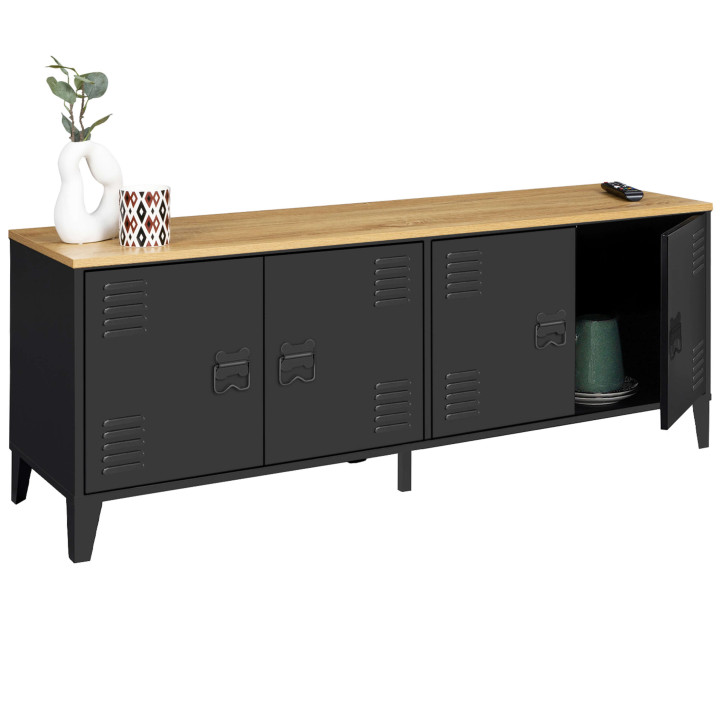 Aparador bajo de estilo industrial con 4 puertas de metal negro y tapa de madera de 140 cm - ESTER | ID Market