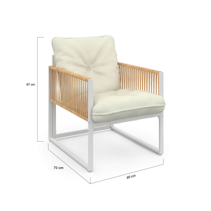 Set di mobili da giardino bassi a 4 posti in acciaio bianco e rattan chiaro - RIO