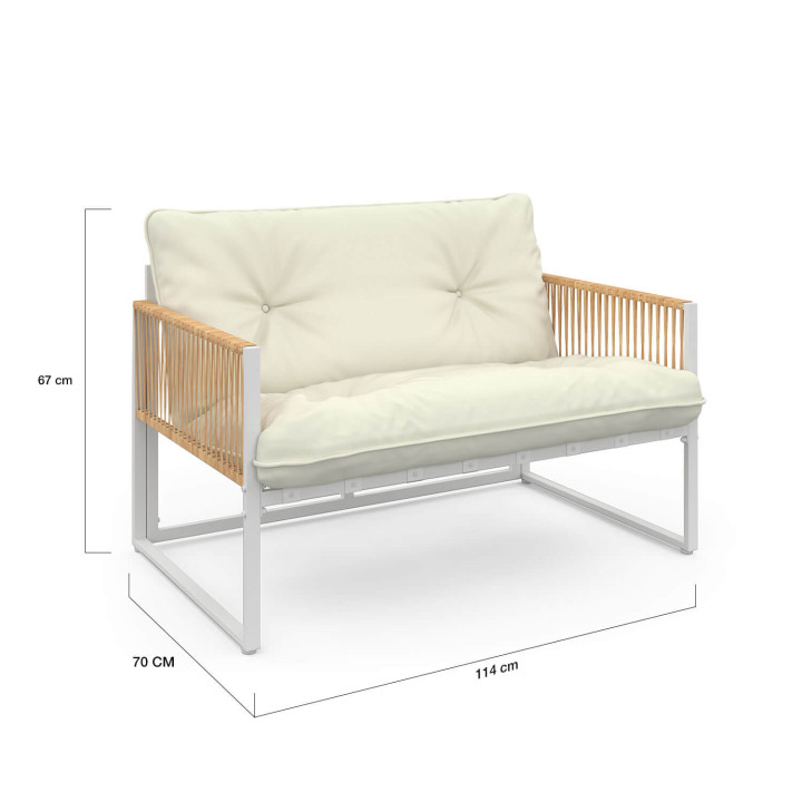 Set di mobili da giardino bassi a 4 posti in acciaio bianco e rattan chiaro - RIO