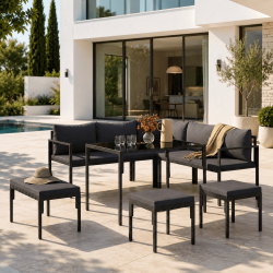 Gartenmöbel zum Essen NAYLA 8-Sitzer Eckgarnitur aus Metall und grauen Kissen mit Esstisch, Ecksofa, Sitzbank, Hockern