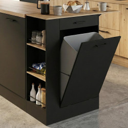Buffet de cuisine compact 90 cm TIBO avec espace poubelle, tablette rabattable, 1 tiroir et 3 étagères latérales bois et noir